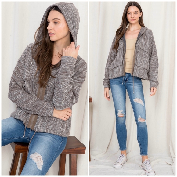 LAST 1❗️Casual Chic Brown Charcoal Oversized Woven Hoodie Jacket - Picture 1 of 8